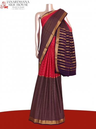 Exclusive Zari Checks Half and Half Mysore Crepe Silk Saree-Double Pallu 